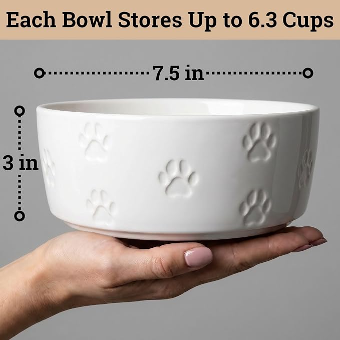 Ceramic Dog Bowl Set of 2 with Anti-Skid Base - 7.5" Wide x 3" Tall Ceramic Dog Bowls for Large Dogs - 6 Cup Capacity Food and Water Bowls for Dogs - Rubber Bottom Pet Bowl Set of 2 for Large Pets