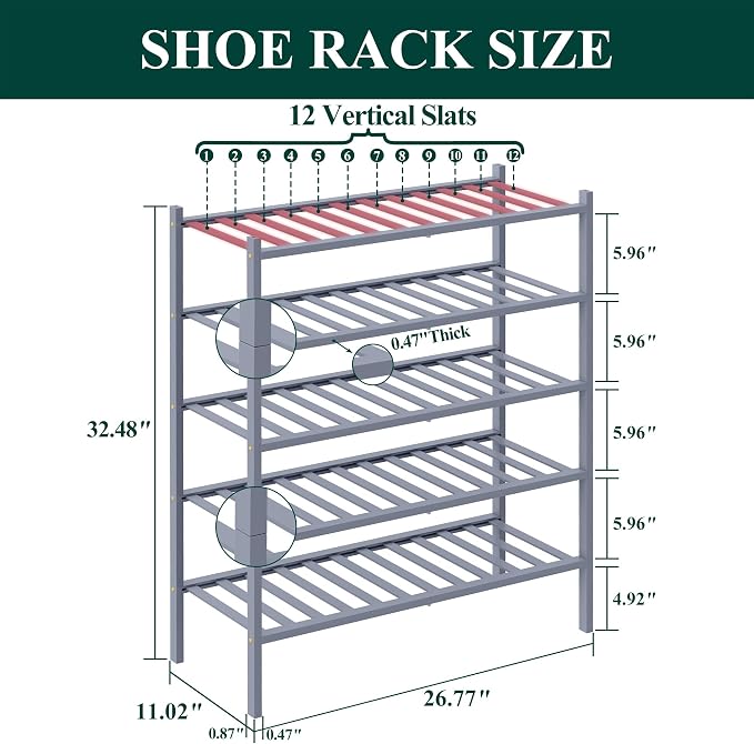 Smiry Bamboo Shoe Rack, 5 Tier Free Standing Wooden Shoe Organizer, Stackable Wood Shoe Storage Shelf for Closet, Entryway, 12 Vertical Slats, 2+2+1 Stack Standard Legs, 26.8"x11"x32.5", Grey