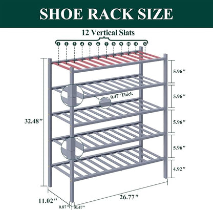 Smiry Bamboo Shoe Rack, 5 Tier Free Standing Wooden Shoe Organizer, Stackable Wood Shoe Storage Shelf for Closet, Entryway, 12 Vertical Slats, 2+2+1 Stack Standard Legs, 26.8"x11"x32.5", Grey