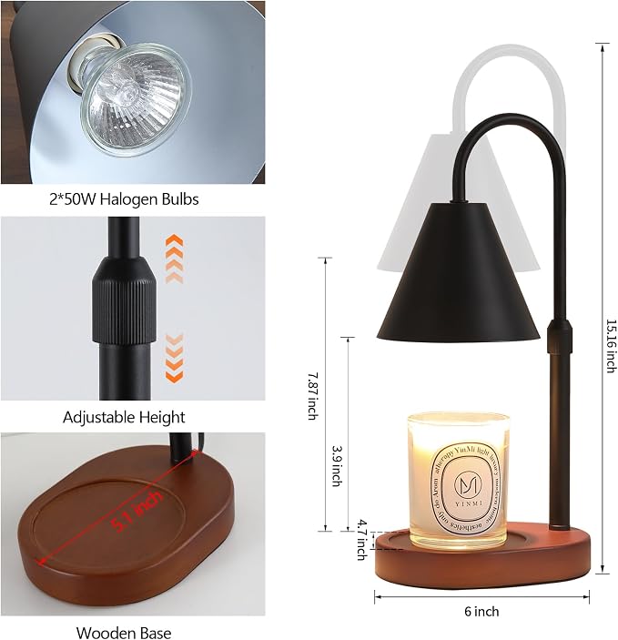MEIXISUE Black Candle Warmer Lamp with Timer and Dimmer,Mother's Day/Birthday for Mom/Wife,Electric Wax Melt Warmer,Home Decor,Scented Jar Lamp,Adjustable Height,with 2 Bulbs
