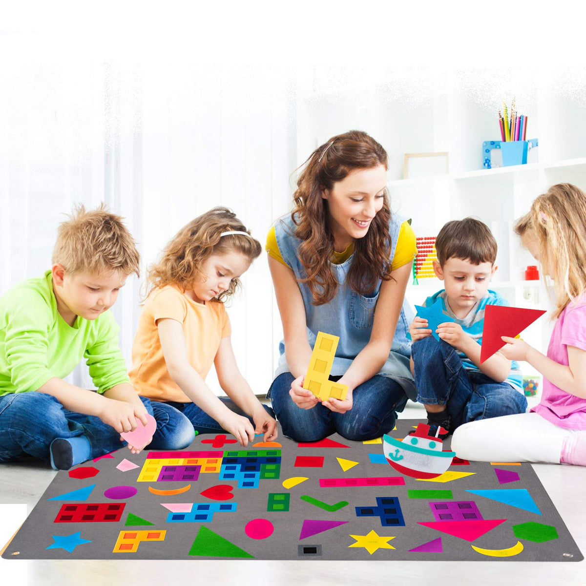 WATINC Shapes Teaching Felt Board Set - 64Pcs Large 3.5 Ft Montessori Preschool Learning Toy, Interactive Tangrams Storytelling Flannel Set for Toddlers, Early Learning Wall Hanging Kit for Classroom