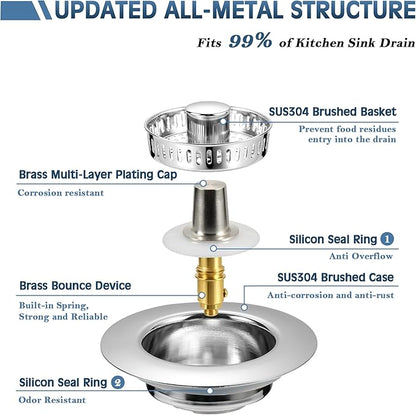 Kitchen Sink Drain Strainer 3 in 1, 304 Stainless Steel Pop Up Sink Stopper