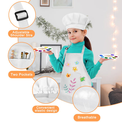 BOUBONI 12 Sets Kids Apron and Chef Hat Set Adjustable Toddler Apron with Colored Pen Template for Baking Painting Crafts