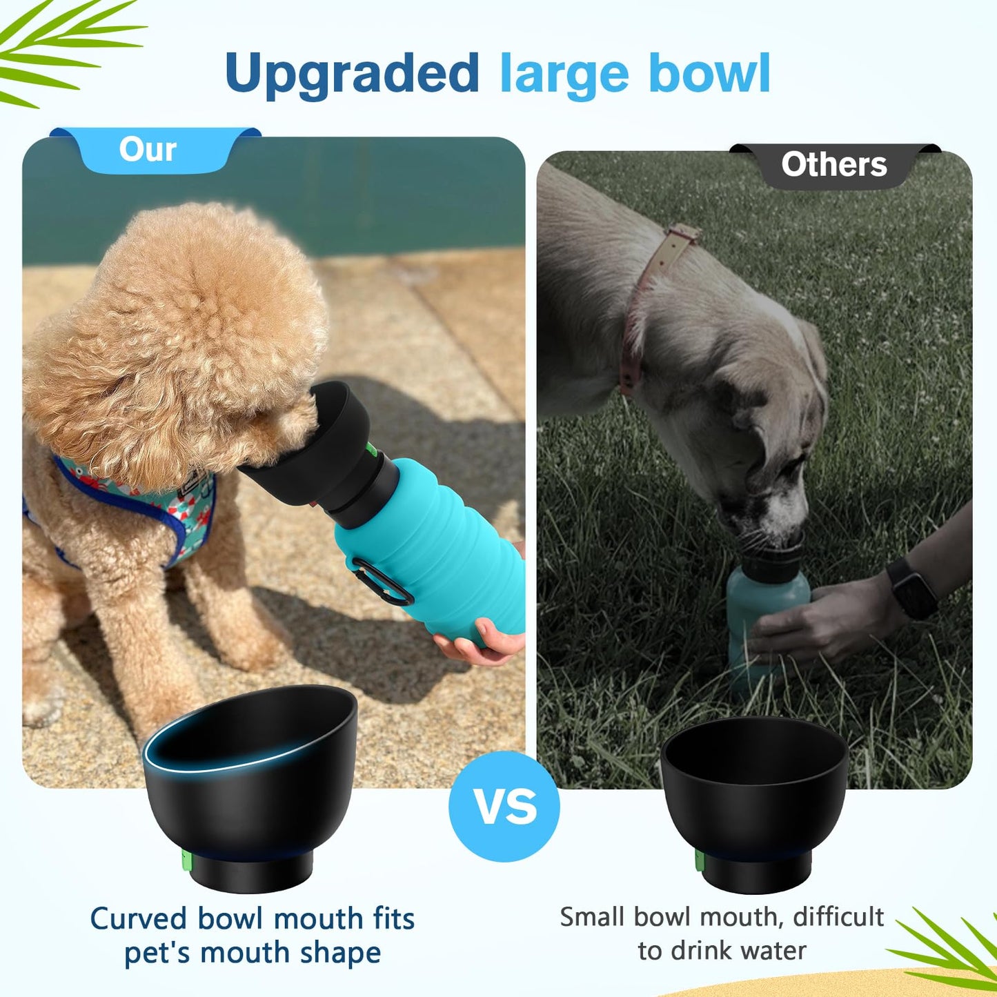 Pecute Dog Water Bottle Portable & Collapsible,17oz-29oz Water Dispenser with Folding Bowl, 5 Levels Capacity in 1,Carabiner Clip,100% Food Grade Silicone,Outdoor Walking,Hiking,Travel,Light Blue
