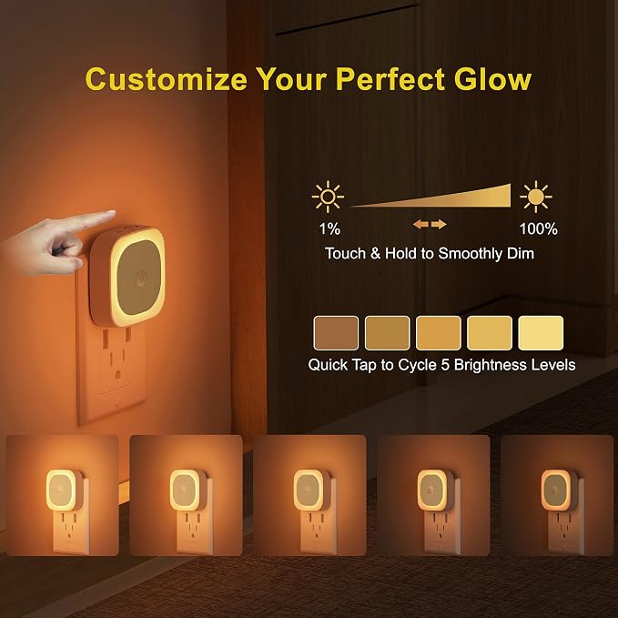 YUNLEX 2 Pack Plug in Amber Night Light with Motion Sensor & Dusk to Dawn Sensor, 3-in-1 Nightlight, Dimmable Night Lights Plug into Wall for Kids, Sleep, Bathroom, Bedroom