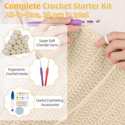 Aeelike Blanket Crochet Kit for Beginners, Easy Crochet Blanket Kit with Soft Chenille Yarns Detailed Instruction Crocheting Accessories Complete Beginners Crocheting Kits, Khaki