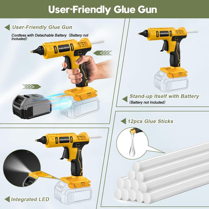 Cordless Hot Glue Gun for DeWalt 20V Battery Powered, 100W Full Size Glue Gun Cordless & Rechargeable, Wireless Battery Powered Hot Glue Gun and Sticks Set with 12pcs 0.43'' Glue Sticks (Yellow)
