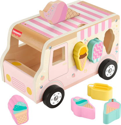 Fisher-Price Toddler Shape Sorting Playset Wooden Ice Cream Truck, 8 Wood Pieces for Developmental Play Ages 18+ Months (Amazon Exclusive)