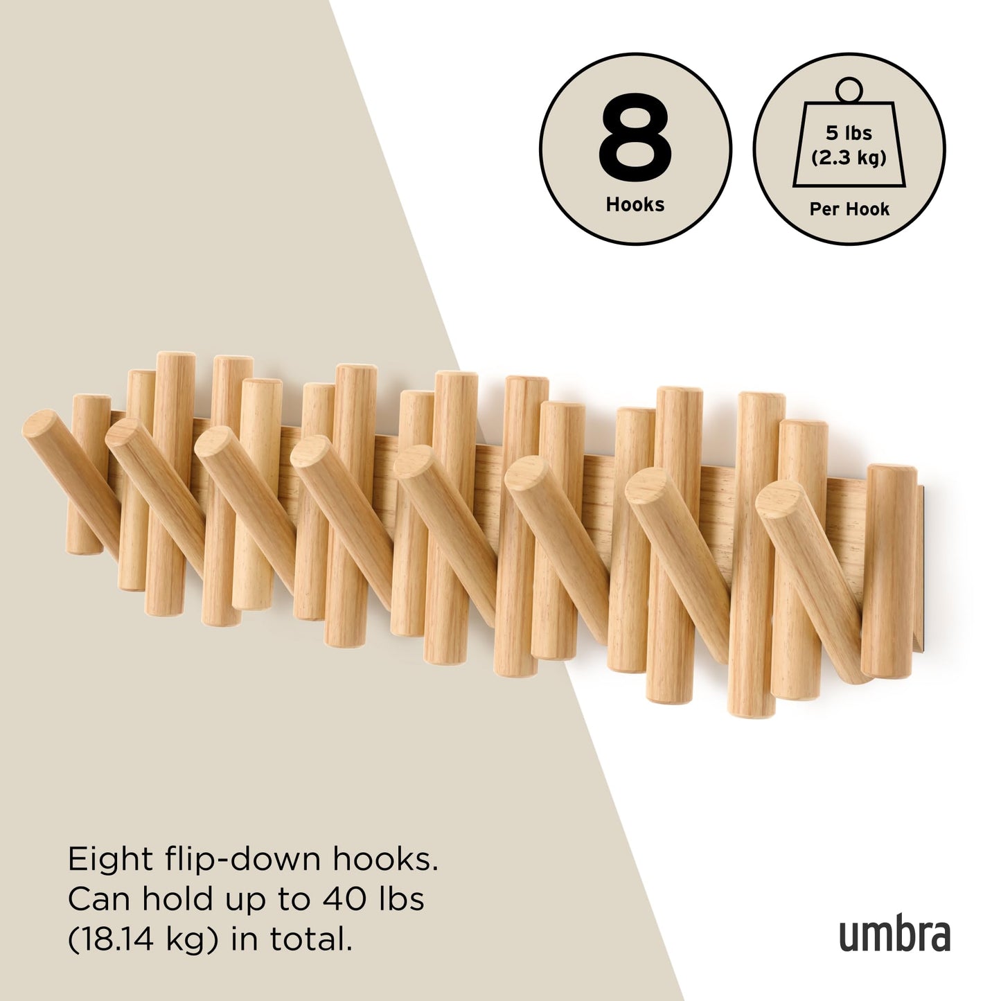 Umbra Picket Coat Rack with 8 Hooks – Natural Wall-Mounted Coat Rack with Flip-Down Wooden Hooks, Real Pine Wood Decorative Wall Storage for Jackets, Hats, Scarves, Bags, Entryway, Bedroom Living Room