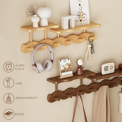 Wall-Mounted Coat Rack with Shelf, Wooden Coat Hanger with 6 Sturdy Hooks, Drill-Mounted Design for Hanging Clothes, Hats, Towels, Bags, and Robes (Natural Color)