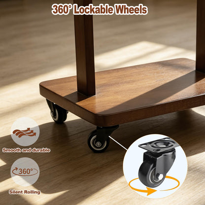 Solid Wood Coat Rack with Wheels - 2-Tier Freestanding Clothing Rack with 5 Hooks & Storage Shelves, Heavy Duty Rolling Clothes Stand for Entryway, Bedroom, Corner