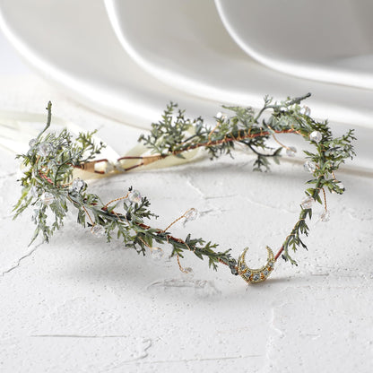 MOSTORY Green Flower Fairy Crown - Elf Crown Headpiece for Woodland Renaissance Costume Women, Floral Forest Circlet with Rhinestone for Renfaire Cosplay Photo Shoot