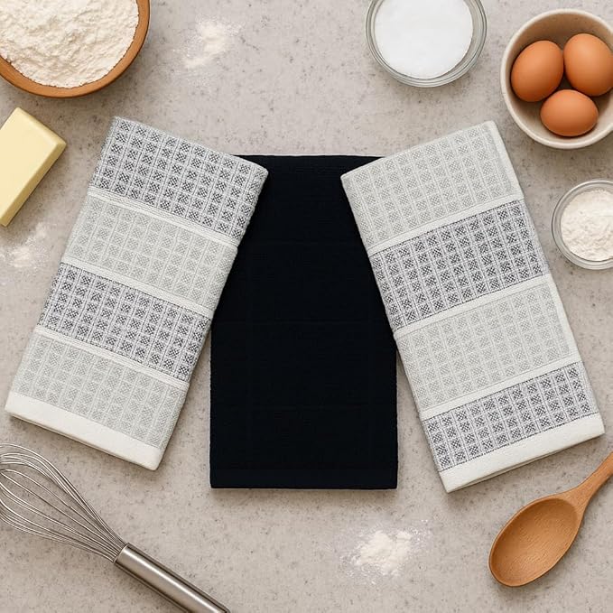 Black Gray Kitchen Dish Towels- Set of 3 100% Cotton Cloth Soft Cleaning Drying