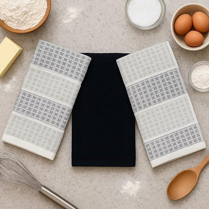 Black Gray Kitchen Dish Towels- Set of 3 100% Cotton Cloth Soft Cleaning Drying