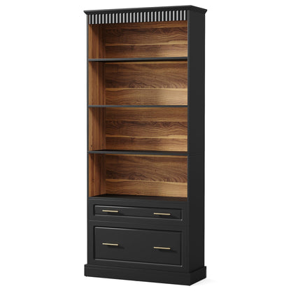LITTLE TREE 72" Tall Black Bookcase, 5-Tier Office Bookself with File Cabinet Drawers,Modern Floor Standing Storage Filing Cabinet Book Shelf for Living Room,Bedroom