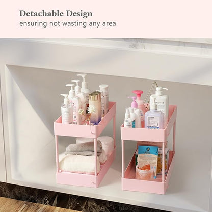 danpinera Slim Storage Cart, 3 Tier Narrow Rolling Cart on Wheels Bathroom Organizer with Dividers Handle Hanging Cups Hooks for Laundry Room Kitchen Small Spaces, Pink