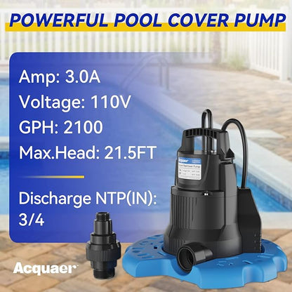 Acquaer 1/3 HP Automatic Swimming Pool Cover Pump, 2950 GPH Submersible Sump Pump with 3/4” Check Valve Adapter & 25ft Power Cord, Water Removal for Pool, Hot Tubs, Rooftops, Water Beds, Black & Blue