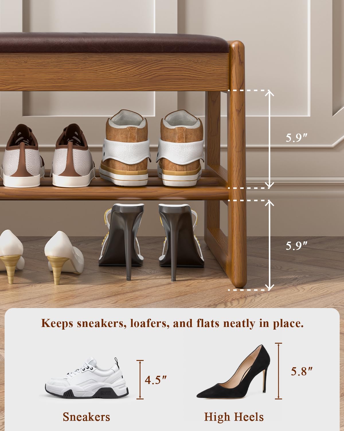 Shoe Rack Bench with Hidden Storage, 2-Tier Solid Rubberwood Entryway Bench with Soft Leather Cushioned Seat & Flip-Top Storage, 330lbs Capacity, Wooden Shoe Organizer for Hallway, Closet, Foyer