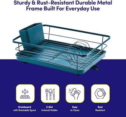 Dish Drying Rack 3 Piece Dish Drainer with Drainboard Set for Kitchen Counter – Dish Rack with Removable Utensil Holder & Swivel Spout for Countertop – DishRack for Plates, Cups & More, Teal