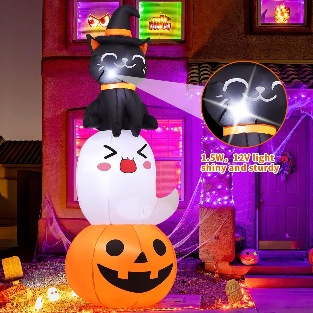 COMIN 6 FT Halloween Inflatables Pumpkin Ghost Cat Combo Outdoor Decorations Blow Up Yard with Built-in LEDs for Indoor Party Garden Lawn Decor