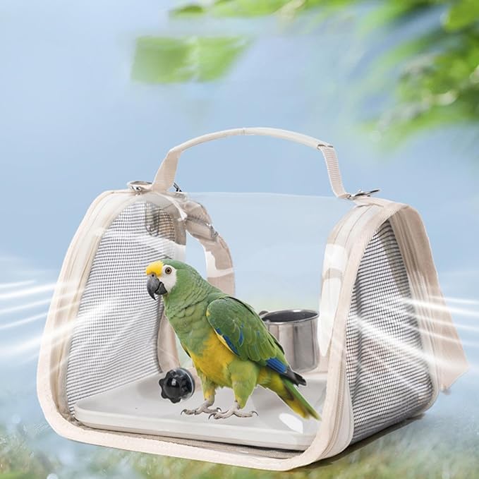 Ventilated Bird Carrier, Travel Backpack with Perch Stand, 36cm Pet Transport Bag with Breathable Mesh Panels, Aviary Carrier with Clear Window Design, Bird Travel Bag for Camping Hiking Trips