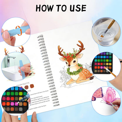 Watercolor Kit for Adults Beginners - 48 Colors Paint Set with 3 Workbooks & 3 Brushes, Step by Step Painting Guide, Create 30 Pictures in 30 Mins, All-in-One Art Supplies Gift