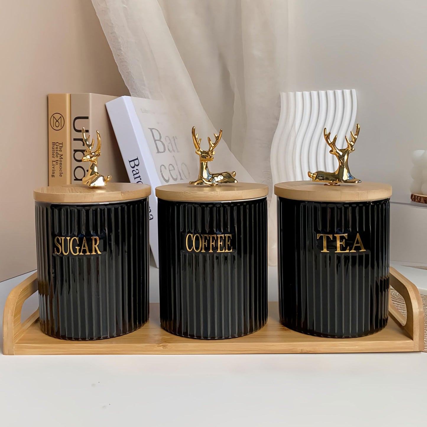 Bryasha Airtight Ceramic Canisters Set of 3 with Wooden Tray - Kitchen Counter Storage Containers for Sugar, Coffee, Tea - Food Storage Jars With wooden lid and spoon Rotating Deer (black)