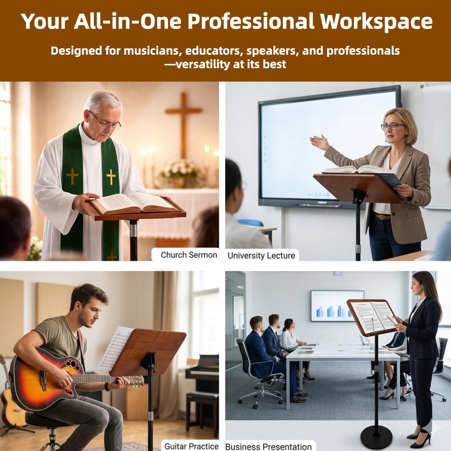 blinvcra 2 in 1 Multiplel-Use Music Stand with Light, Book Holder for Reading, Height Adjustable 18''-55'' Bible Shtender, Portable Podium Stand, Wood Table Stand for Laptop, Classroom, Church, Speech