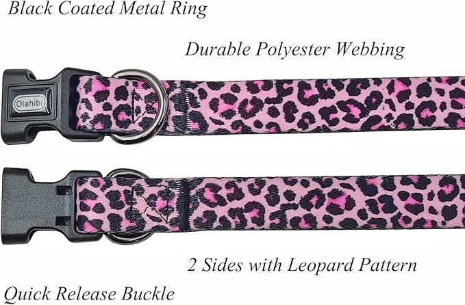 Dog Collar Leash Set, Leopard Pattern, Polyester Material, Adjustable Collar and 5ft Matching Leash, for Medium Dogs.(M, Colorful Leopard)