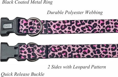 Dog Collar Leash Set, Leopard Pattern, Polyester Material, Adjustable Collar and 5ft Matching Leash, for Small Dogs.(S, Colorful Leopard)