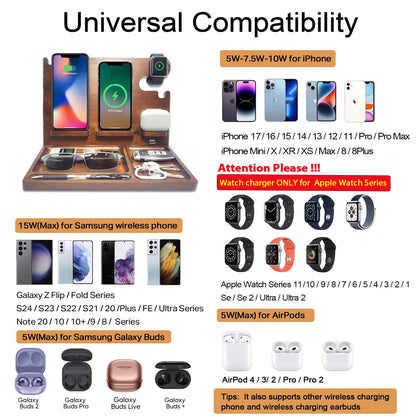 Xunhomon Wood Phone Docking Station Nightstand Organizer for Men 27W 2 Phone Wireless Charging Station with 4 Wireless Charger Stand for iPhone Apple Watch AirPod Mens Birthday Gift Ideas Key Holder