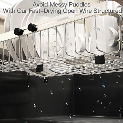 MAJALiS Dish Drying Rack Over The Sink with Utensil Holder, Mat | Expandable Stainless Steel Dish Drainer for Small Kitchen, Apartment, RV, Counter Space Saving, Perfect Fit, Rustproof