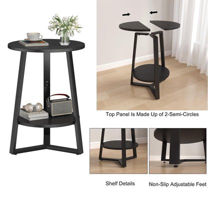 sthmec Small Round End Table, 2 Tier Side Table with Storage Shlef,Coffee Table Wooden Tabletop & Metal Frame,Round Accent Table Small Nightstands Couch Tables for Bedroom,Livingroom, Black