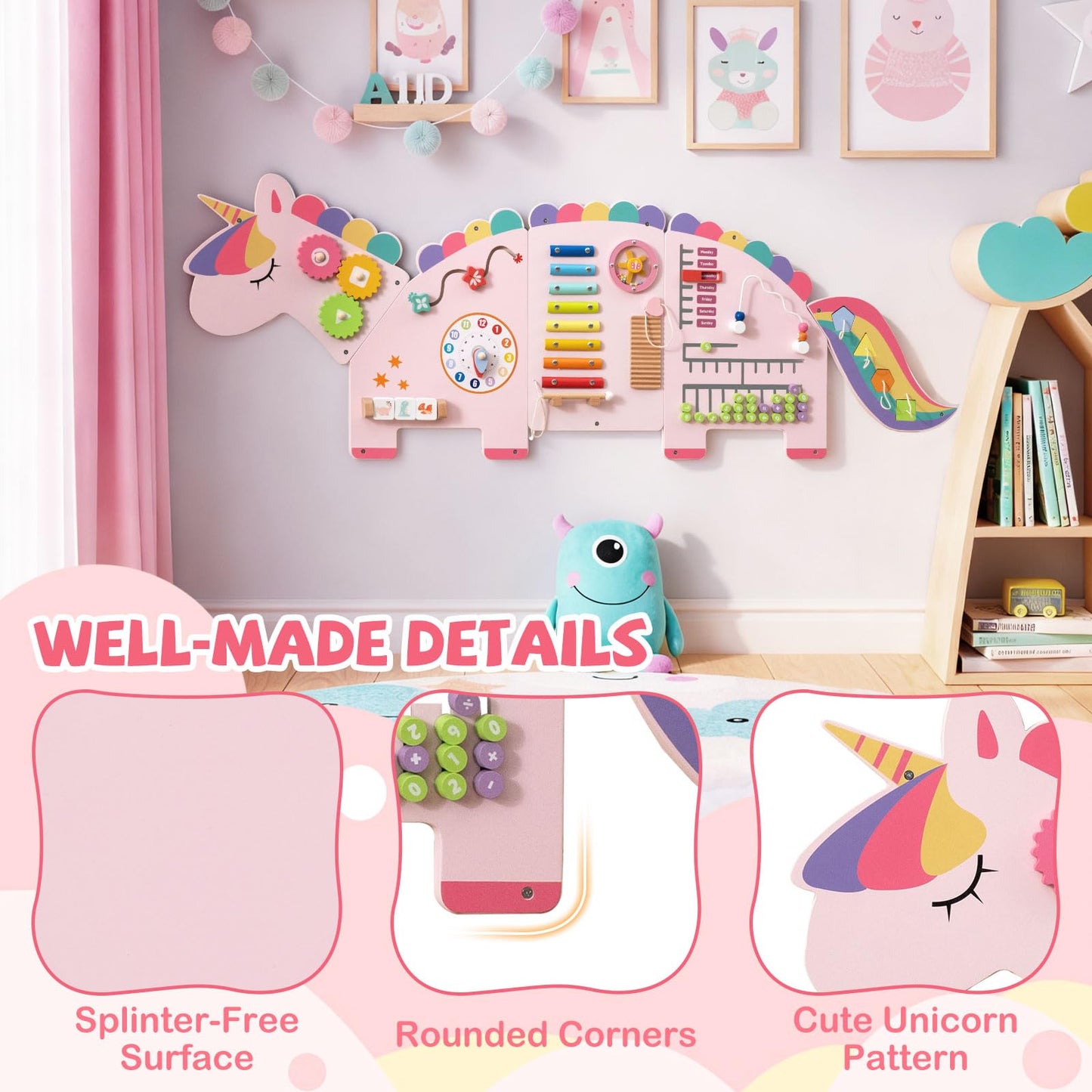 Costzon Activity Wall Busy Board, 11-in-1 Montessori Wooden Sensory Board Panels for Kids 3+, Wall-Mounted Toddler Learning Activity Center for Playroom, Daycare, Nursery, Classroom (Pink)