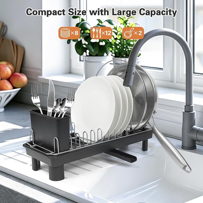 Small Dish Drying Rack for Kitchen Counter, Dish Rack with Detachable Utensil Holder and Draining Tray, Upgraded Load-Bearing Design for Plates Cutlery Pans and Pot Lids, Black
