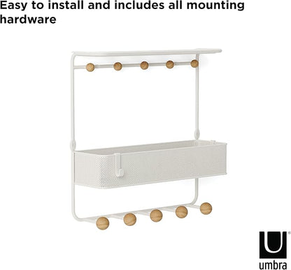 Umbra Estique Entryway Organizer Storage Solution with Cubby Bin, Shelf and Hooks for Keys, Mail, Glasses, Wallet, Purse, Hat, and More, White