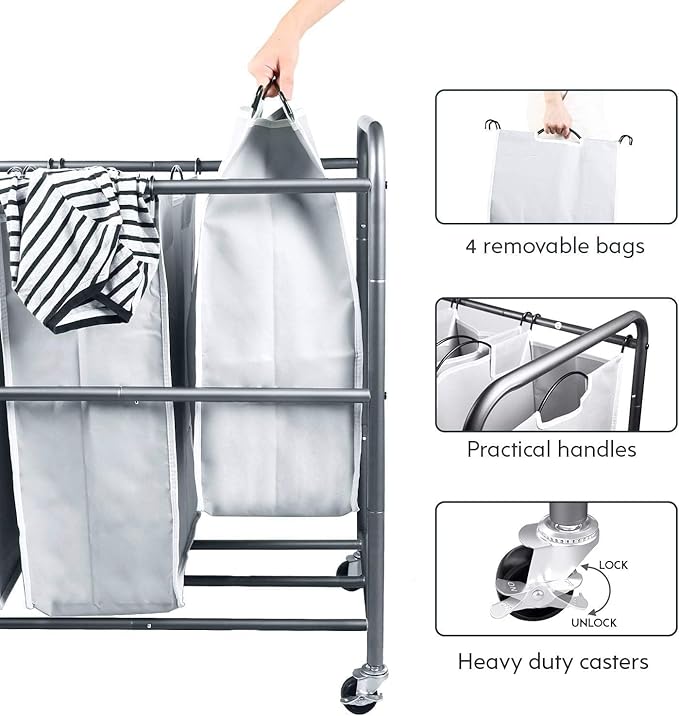 ROMOON Laundry Hamper Sorter Cart: 4-Section Organizer