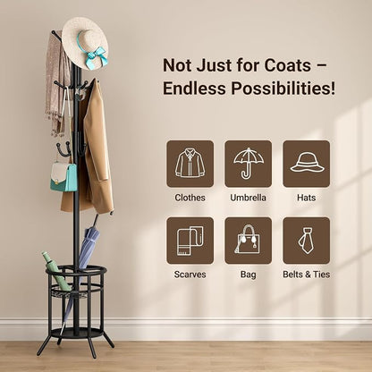 ELYKEN Coat Rack Freestanding, Metal Coat Rack Stand with Umbrella Holder, Modern Coat Tree with 12 Hooks, Floor Standing Corner Hall Tree for Entryway Living Room Bedroom Office, Black