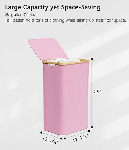SUOCO Laundry Hamper with Lid, 29 Gal Clothes Basket with Bamboo Handles