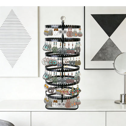 Raymorium IDavosic.ly 6-layer rotating earring holder storage rack, adjustable plastic pendant display stand with 348 grooves on the tree strap, large circular storage tower, black
