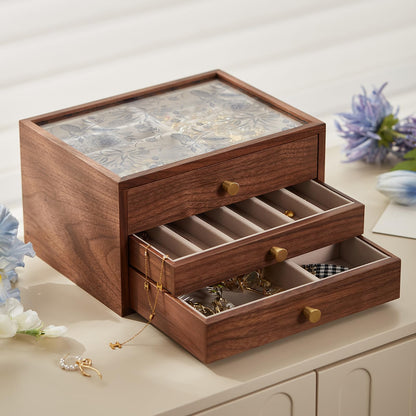 Homruilink Black Walnut Wooden Jewelry Box with Blue Floral Glass Lid for Women, large 3 Layer Drawer Organizer Box for Necklaces, Watch, Necklace, Ring, Earring Storage, Fathers Day Gift