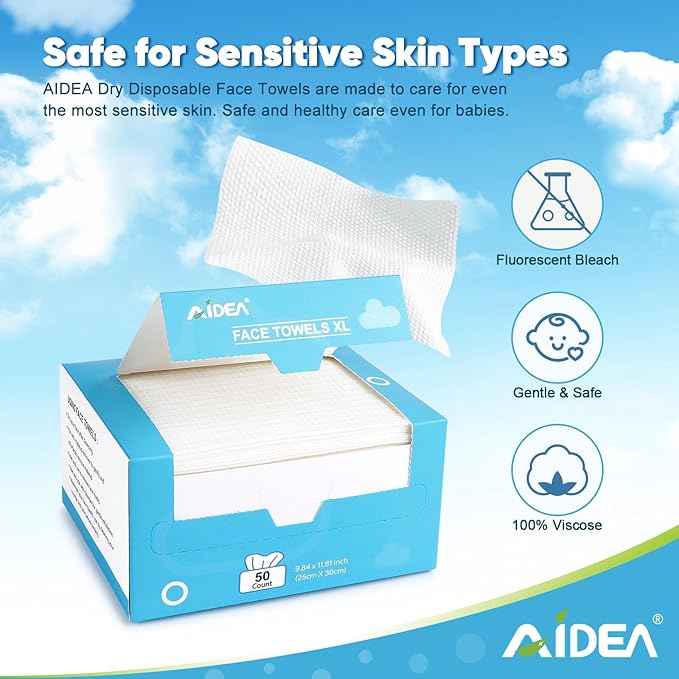 AIDEA XL Face Towels Disposable 50Ct, Clean Facial Cloths, Facial Cleansing