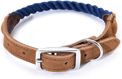 Mile High Life Genuine Leather Dog Collar, Durable Braided Cotton Rope Collar with Metal Pin Buckle for Small Medium Large Dogs (Navy Blue, S Neck 11"-15")