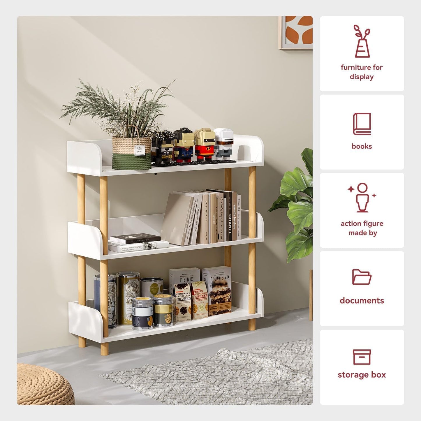 Breezestival 3-Tier Wooden Open Bookshelf, Modern Display Shelf with Standing Storage Rack, Multifunctional Bookcase for Home and Office, Living Room, Bedroom, Library, White