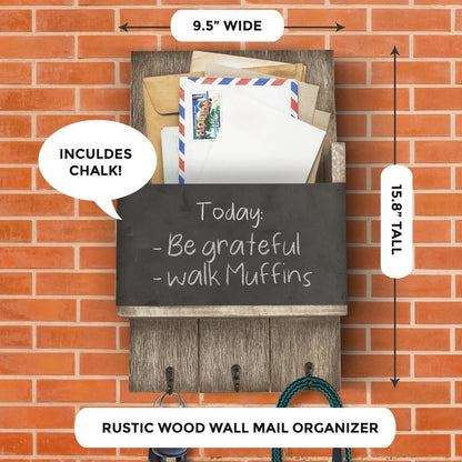 Wallcharmers Rustic Wall Mount Mail Organizer with Chalkboard, Key Hooks, Wood and Metal Construction