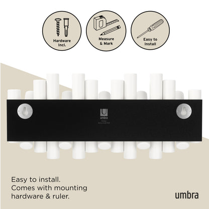 Umbra Picket Wall-Mounted Coat Rack Rail Hook with 5 Retractable Wood Pegs – Modern, Space-Saving Storage Organizer, White