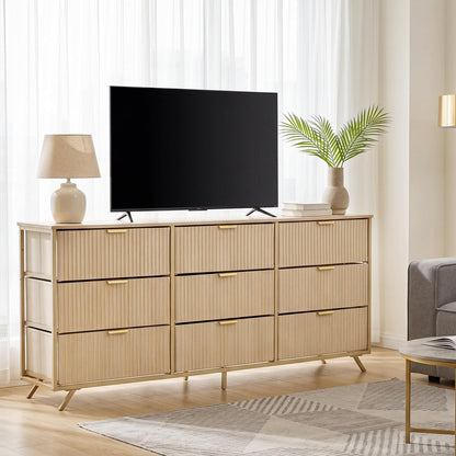 DUMOS Fabric Fluted Dresser,Chest of 9 Fabric Drawers for Bedroom, Large Dressers with Metal Frame & Wooden Top, Storage Organizer Closet for Living Room, Entryway, Oak
