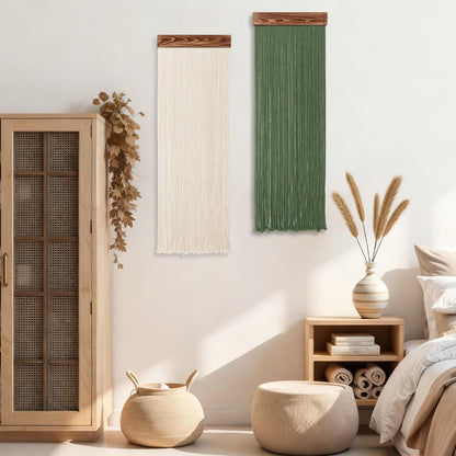KHOYIME Macrame Wall Hanging Boho Chic Home Decor, 2PCS Bohemian Green Beige Tassel Yarn Tapestry Modern Handmade Large Wall Art Decorations for Living Room Bedroom Nursery Backdrop 11.8''W x 36''L