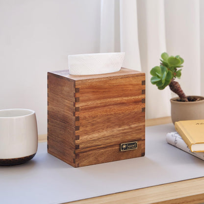 SANOSY Acacia Wood Tissue Box Cover and Holder for Kleenex, Rectangle, and Cube Boxes, Decorative Facial Cube Organizer for Modern Farmhouse Decor on Tabletop, Nightstand, Bathroom, Office.