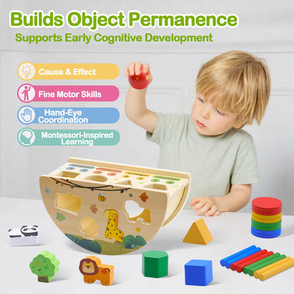 Humerry Montessori Busy Box for Toddlers 1-3, Wooden Object Permanence Coin Box with Shape Sorter & Animal Matching, Fine Motor Sensory Learning Toy with Wobble Base, Gift for 1 2 3 Year Old